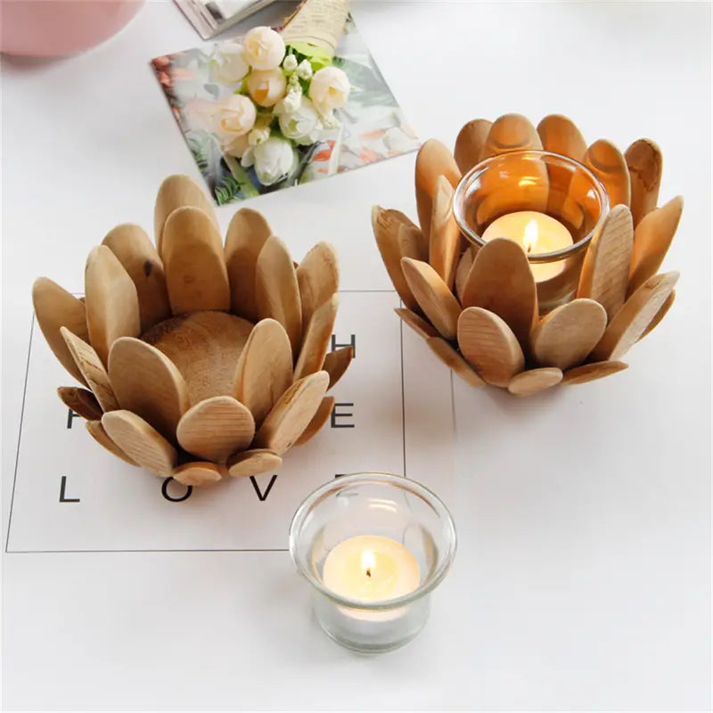 Wooden Lotus Shaped Candle Light with Touch Control (1pc)
