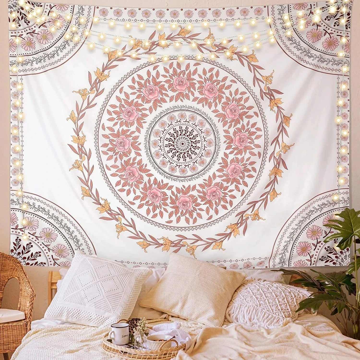 Mandala tapestry aesthetics, bohemian tapestry wall hanging, pink flower medal tapestry, bohemian wall art Hippie