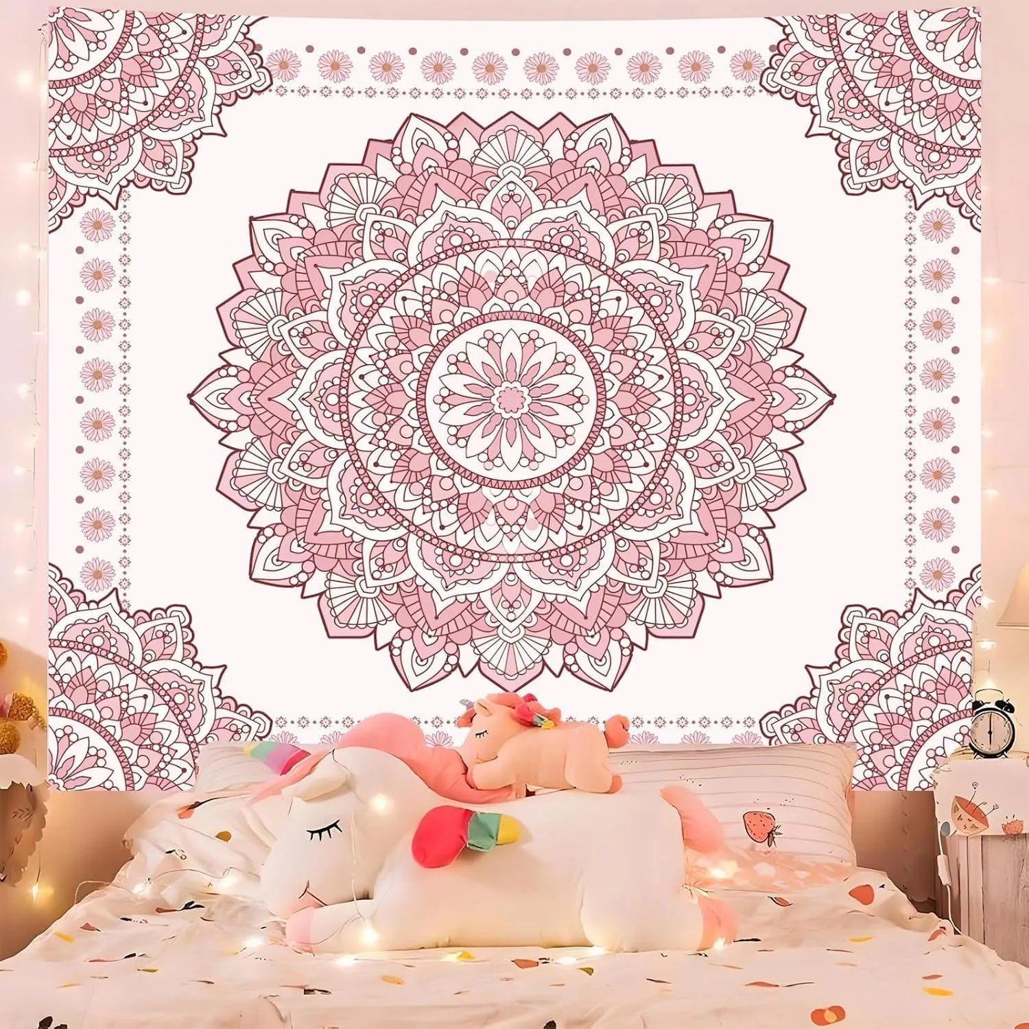 Boho Pink Mandala Wall Tapestry for Bedroom,Room Decor for Teen Girls, Art Floral Wall Hanging for College Dorm
