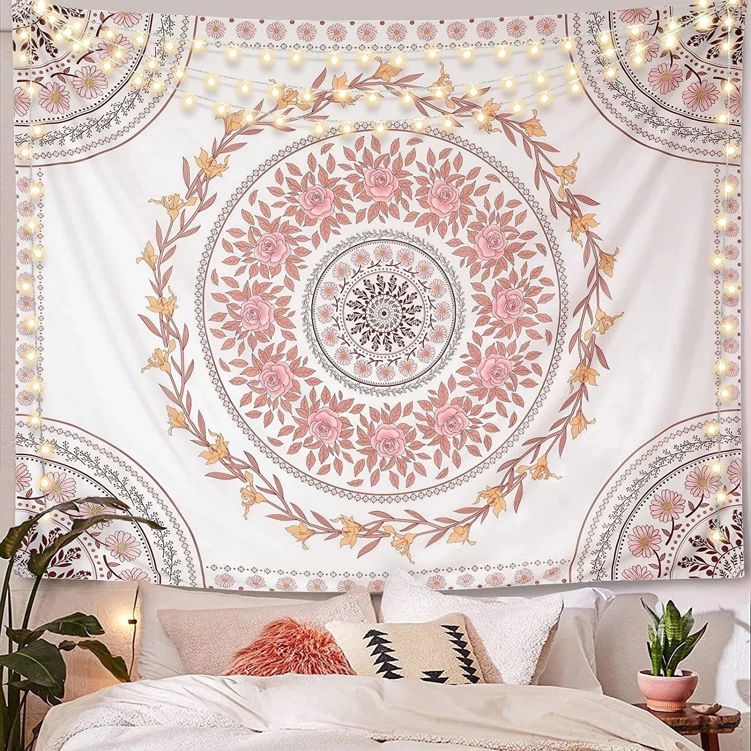 Mandala tapestry aesthetics, bohemian tapestry wall hanging, pink flower medal tapestry, bohemian wall art Hippie