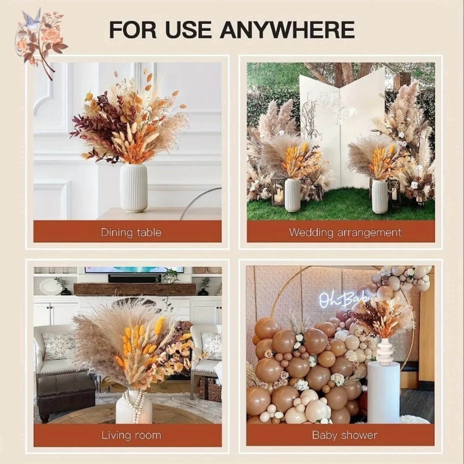 Natural Fluffy Pampas Grass Flowers Bouquets for Wedding Floral Arrangements Dried Plants Home Table Christmas Party Decorations