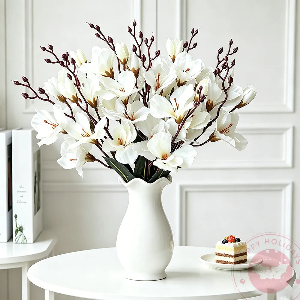 Red White 5 Forks 20 Head Artificial Magnolia Flower For Home Living Room Table Decoration Bride Wedding Party Flower Bouquet