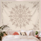 Boho Mandala Tapestry – Beige Floral Pattern Wall Art, Bohemian Decor for Bedroom, Living Room,150x300cm59x118in
