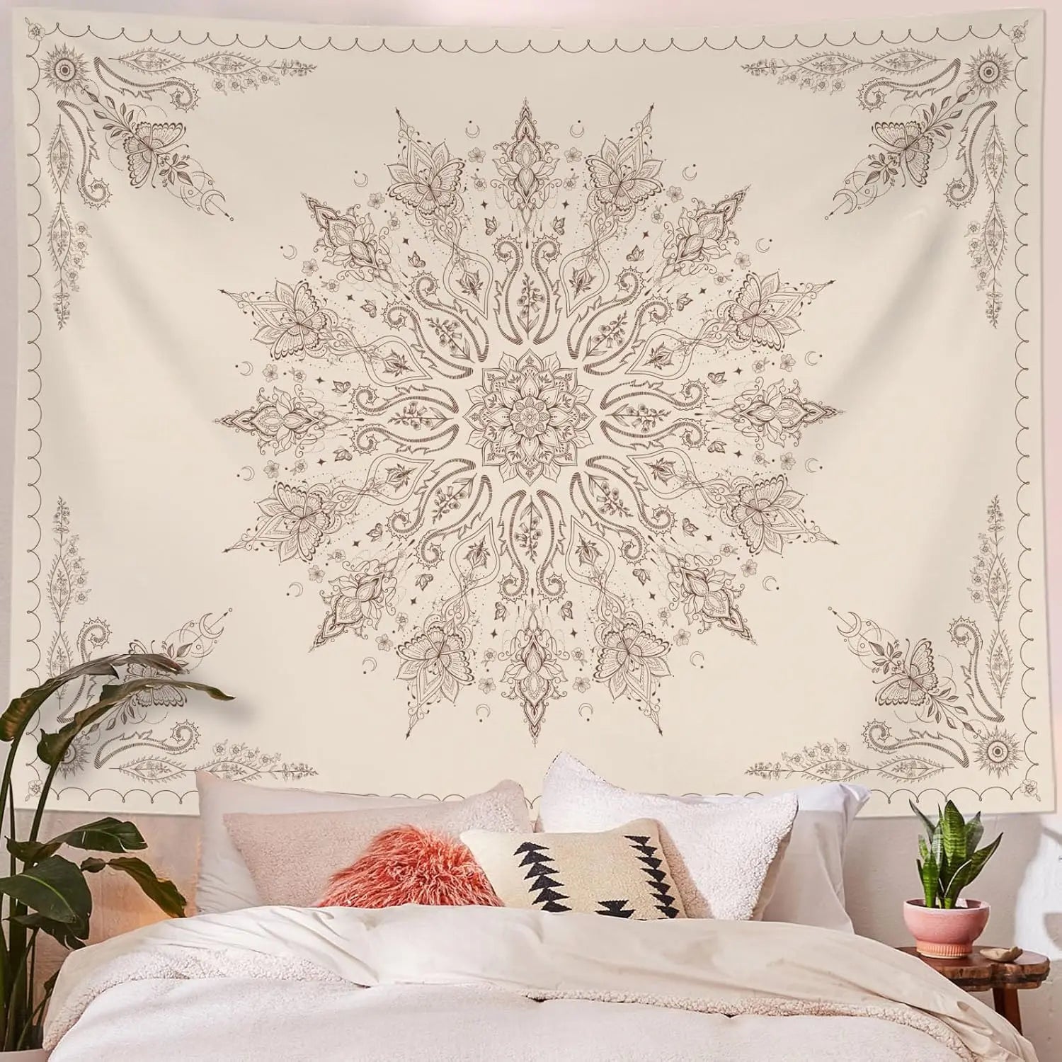 Boho Mandala Tapestry – Beige Floral Pattern Wall Art, Bohemian Decor for Bedroom, Living Room,150x300cm59x118in