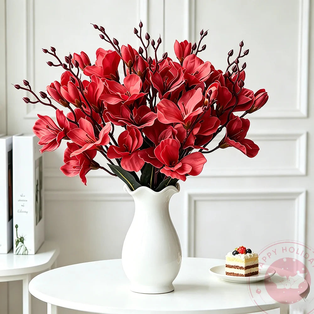 Red White 5 Forks 20 Head Artificial Magnolia Flower For Home Living Room Table Decoration Bride Wedding Party Flower Bouquet