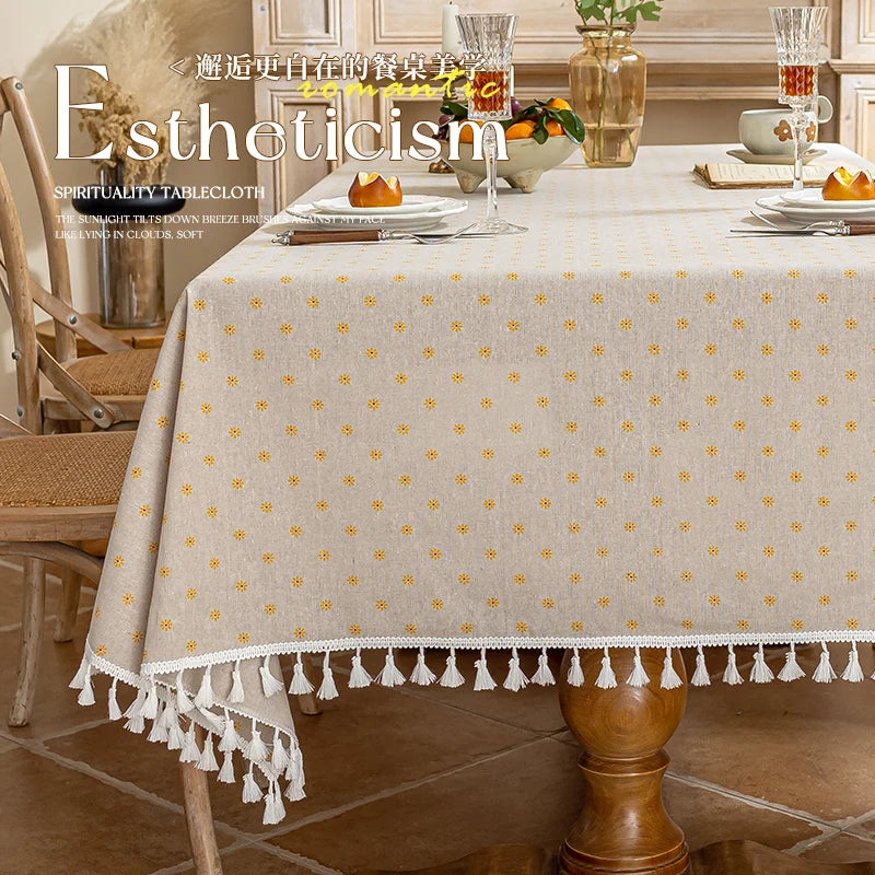 Flower Printed Table Cover with Tassels Cotton Linen Table Cloth Naturally Breathable and Comfortable nappe de table Luxury 식탁보