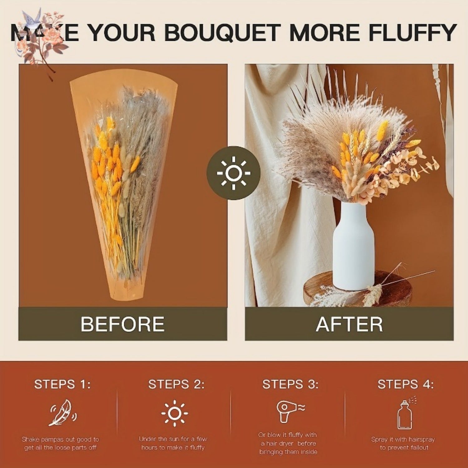 Natural Fluffy Pampas Grass Flowers Bouquets for Wedding Floral Arrangements Dried Plants Home Table Christmas Party Decorations