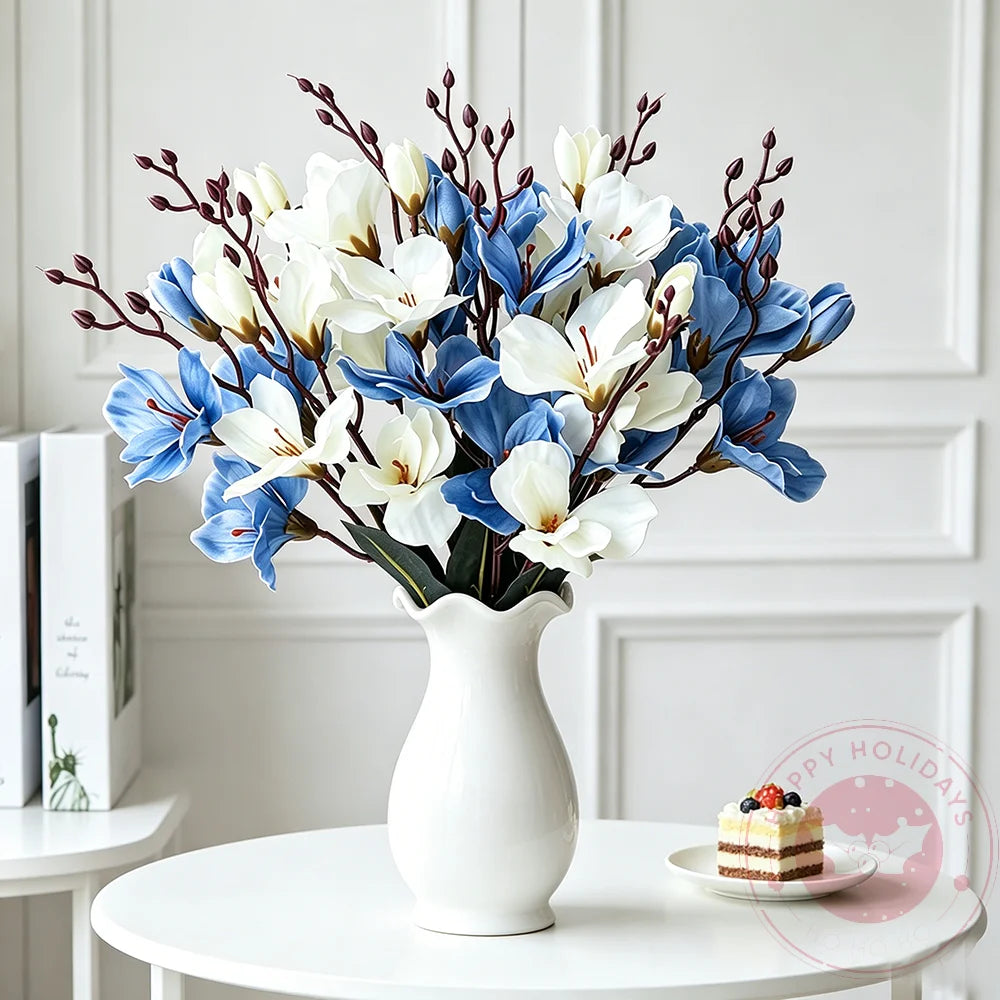 Red White 5 Forks 20 Head Artificial Magnolia Flower For Home Living Room Table Decoration Bride Wedding Party Flower Bouquet