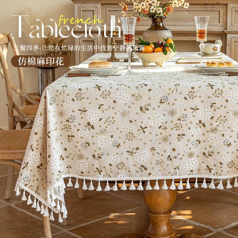Flower Printed Table Cover with Tassels Cotton Linen Table Cloth Naturally Breathable and Comfortable nappe de table Luxury 식탁보