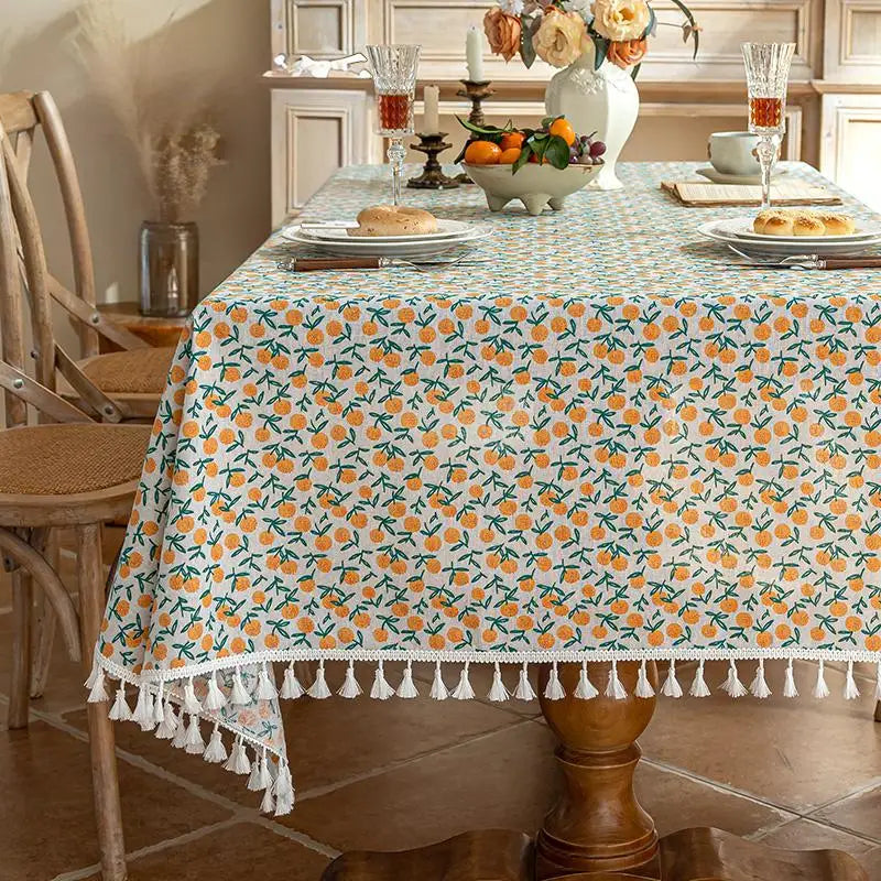 Flower Printed Table Cover with Tassels Cotton Linen Table Cloth Naturally Breathable and Comfortable nappe de table Luxury 식탁보
