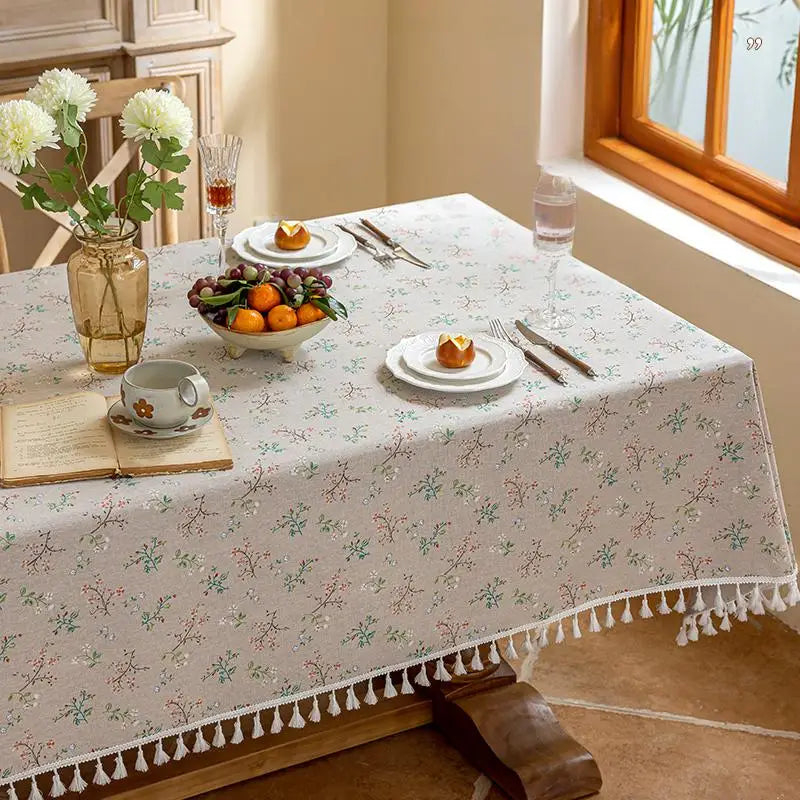 Flower Printed Table Cover with Tassels Cotton Linen Table Cloth Naturally Breathable and Comfortable nappe de table Luxury 식탁보