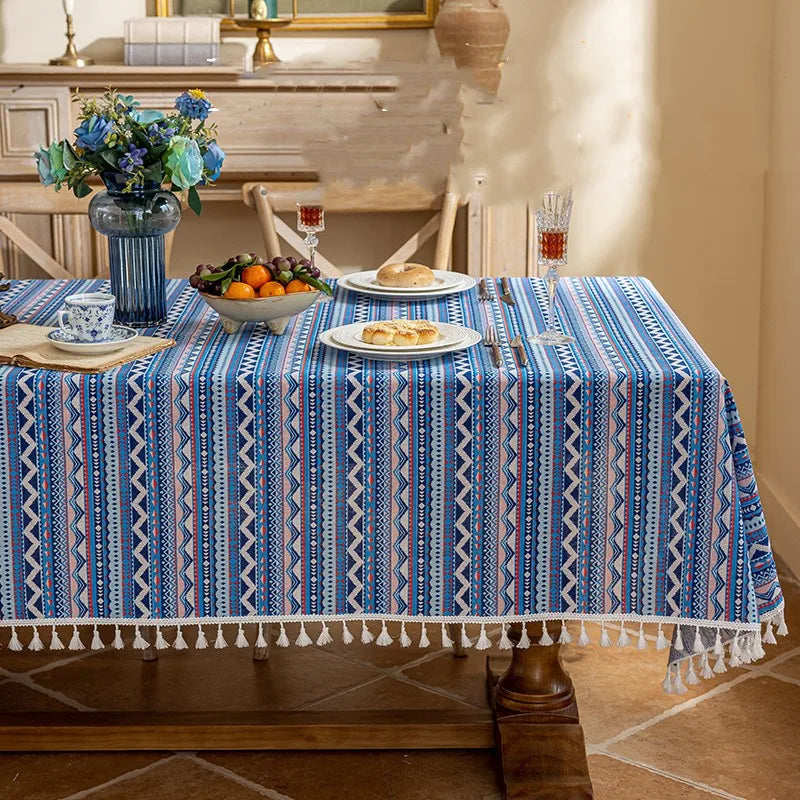 Flower Printed Table Cover with Tassels Cotton Linen Table Cloth Naturally Breathable and Comfortable nappe de table Luxury 식탁보
