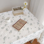 1PCS Beige Daisy Lace Tassels Cotton Tablecloth Tea Table, Table Cover For Farmhouse Kitchen Picnic Wedding Dining Room Deco