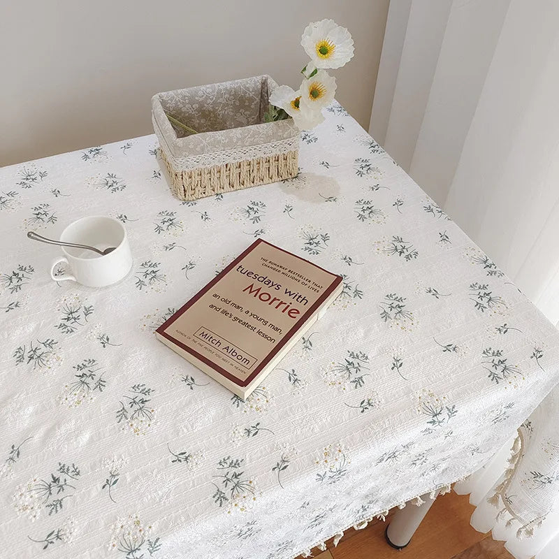 1PCS Beige Daisy Lace Tassels Cotton Tablecloth Tea Table, Table Cover For Farmhouse Kitchen Picnic Wedding Dining Room Deco