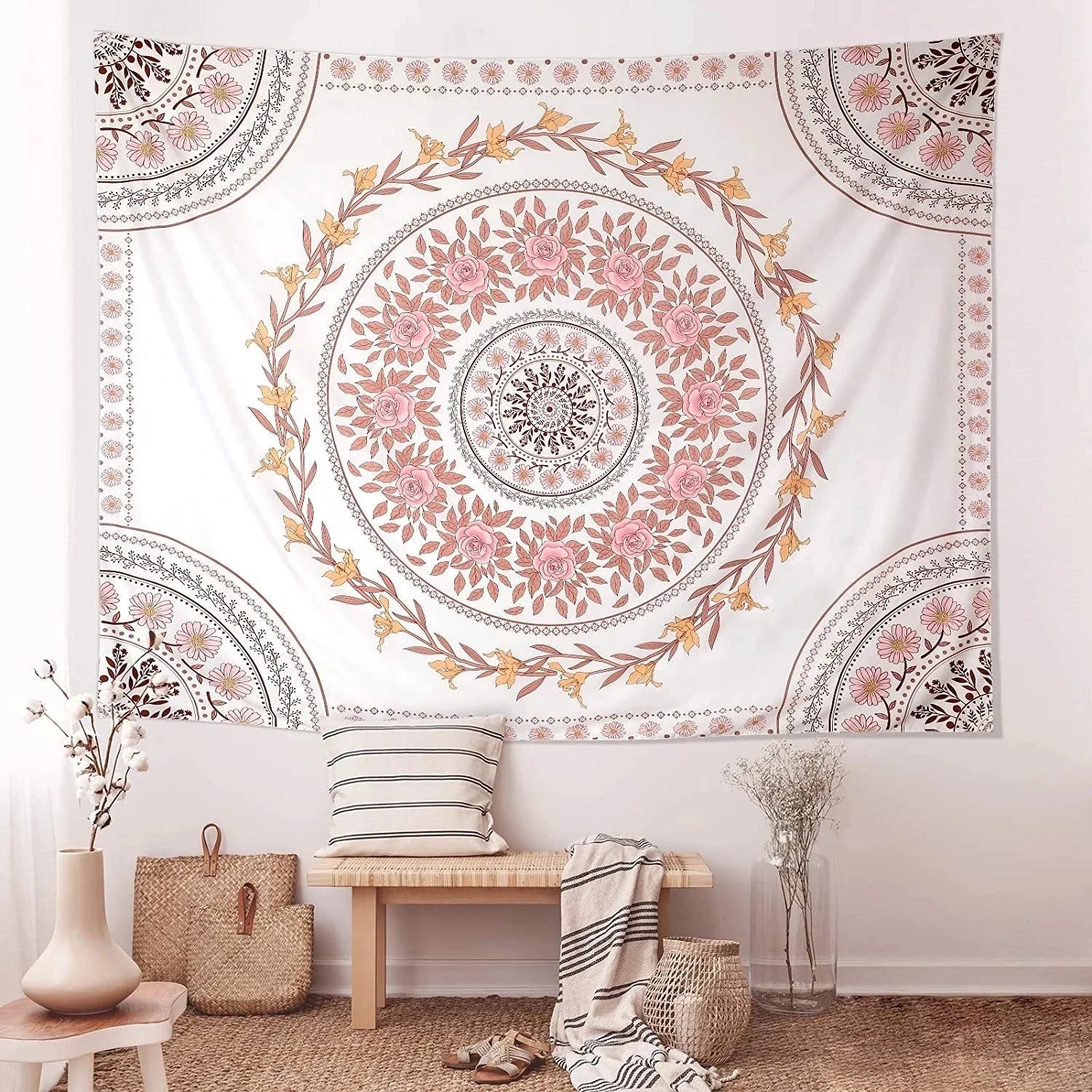 Mandala tapestry aesthetics, bohemian tapestry wall hanging, pink flower medal tapestry, bohemian wall art Hippie