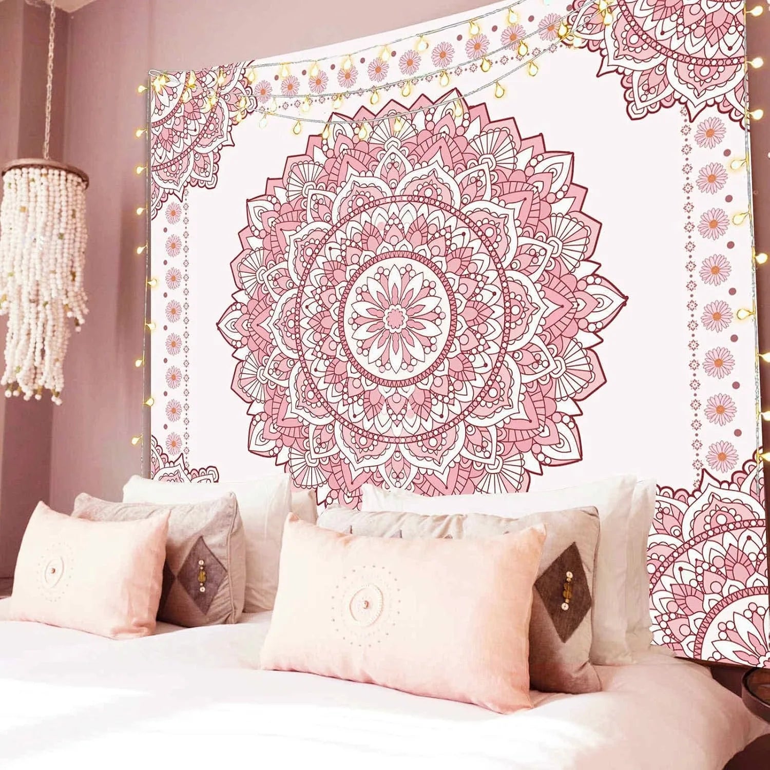 Boho Pink Mandala Wall Tapestry for Bedroom,Room Decor for Teen Girls, Art Floral Wall Hanging for College Dorm