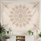 Boho Mandala Tapestry – Beige Floral Pattern Wall Art, Bohemian Decor for Bedroom, Living Room,150x300cm59x118in