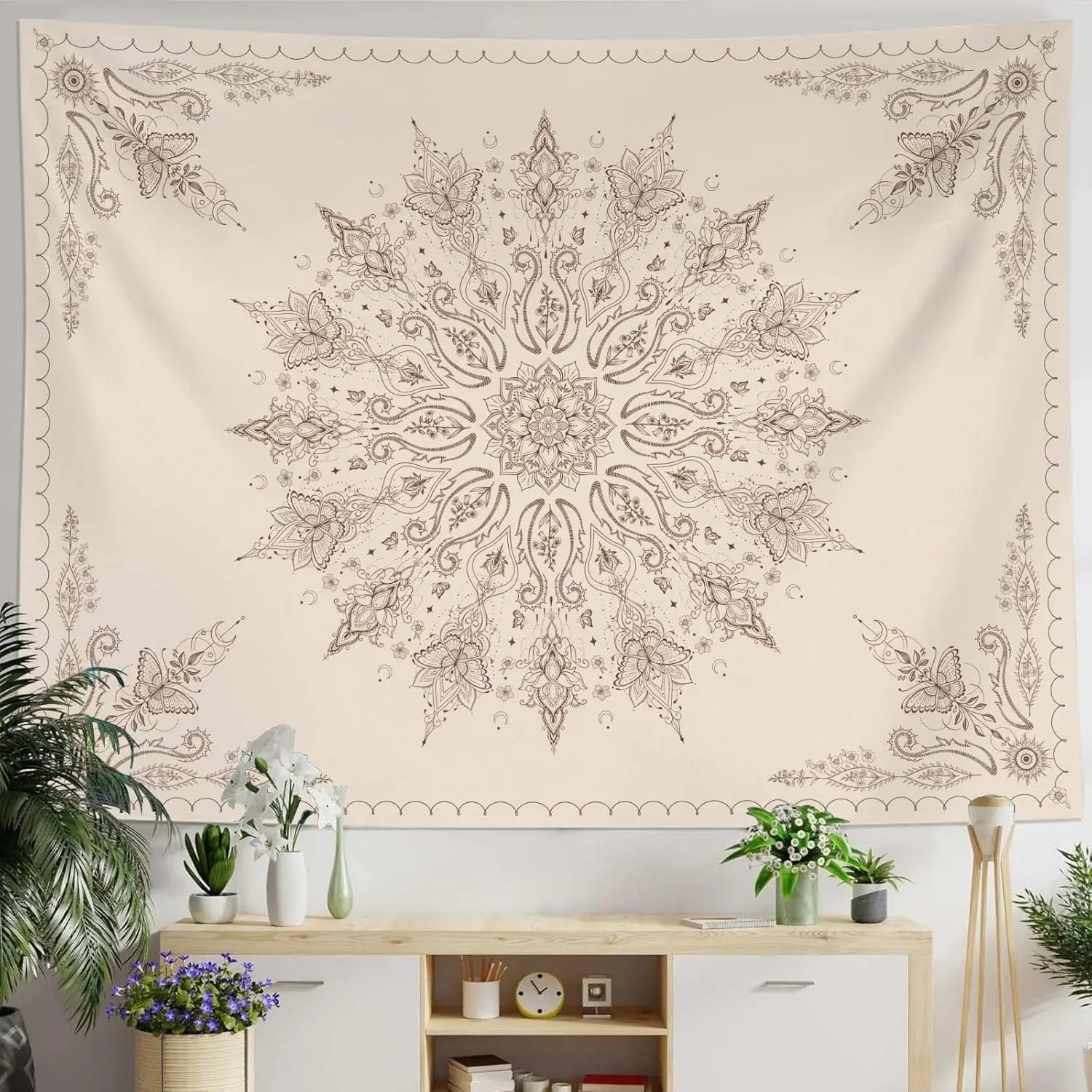 Boho Mandala Tapestry – Beige Floral Pattern Wall Art, Bohemian Decor for Bedroom, Living Room,150x300cm59x118in