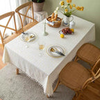 1PCS Beige Daisy Lace Tassels Cotton Tablecloth Tea Table, Table Cover For Farmhouse Kitchen Picnic Wedding Dining Room Deco