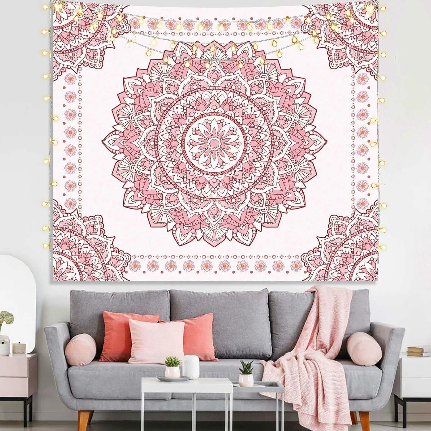 Boho Pink Mandala Wall Tapestry for Bedroom,Room Decor for Teen Girls, Art Floral Wall Hanging for College Dorm