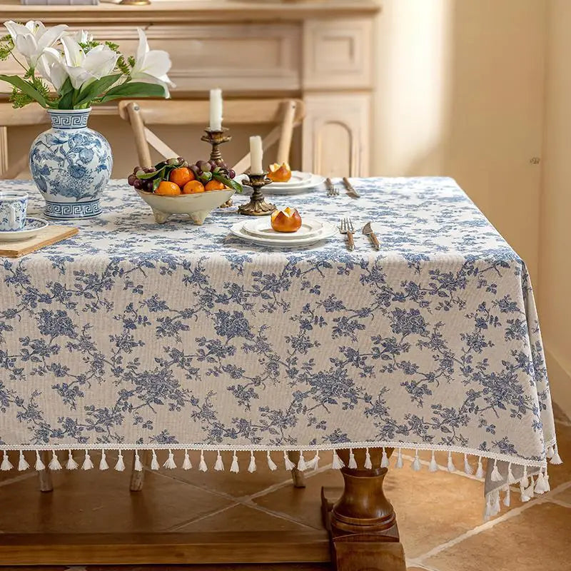 Flower Printed Table Cover with Tassels Cotton Linen Table Cloth Naturally Breathable and Comfortable nappe de table Luxury 식탁보