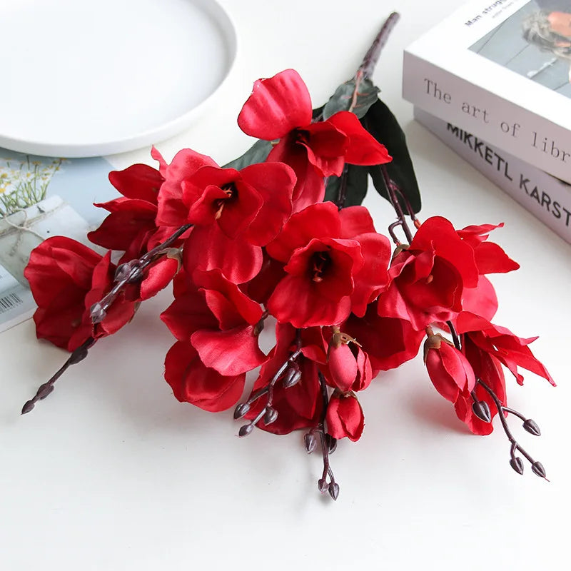 Red White 5 Forks 20 Head Artificial Magnolia Flower For Home Living Room Table Decoration Bride Wedding Party Flower Bouquet