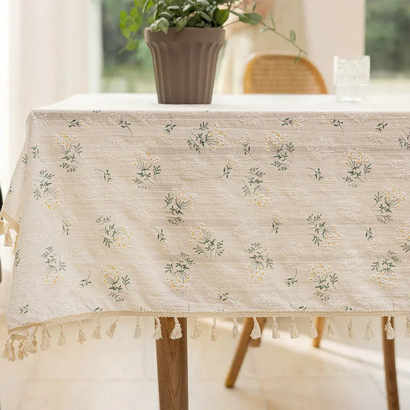 1PCS Beige Daisy Lace Tassels Cotton Tablecloth Tea Table, Table Cover For Farmhouse Kitchen Picnic Wedding Dining Room Deco