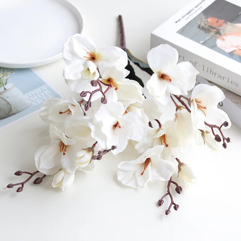 Red White 5 Forks 20 Head Artificial Magnolia Flower For Home Living Room Table Decoration Bride Wedding Party Flower Bouquet