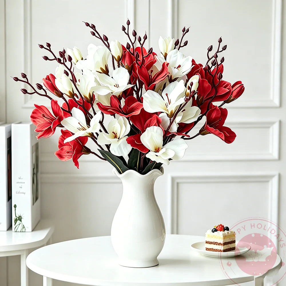 Red White 5 Forks 20 Head Artificial Magnolia Flower For Home Living Room Table Decoration Bride Wedding Party Flower Bouquet