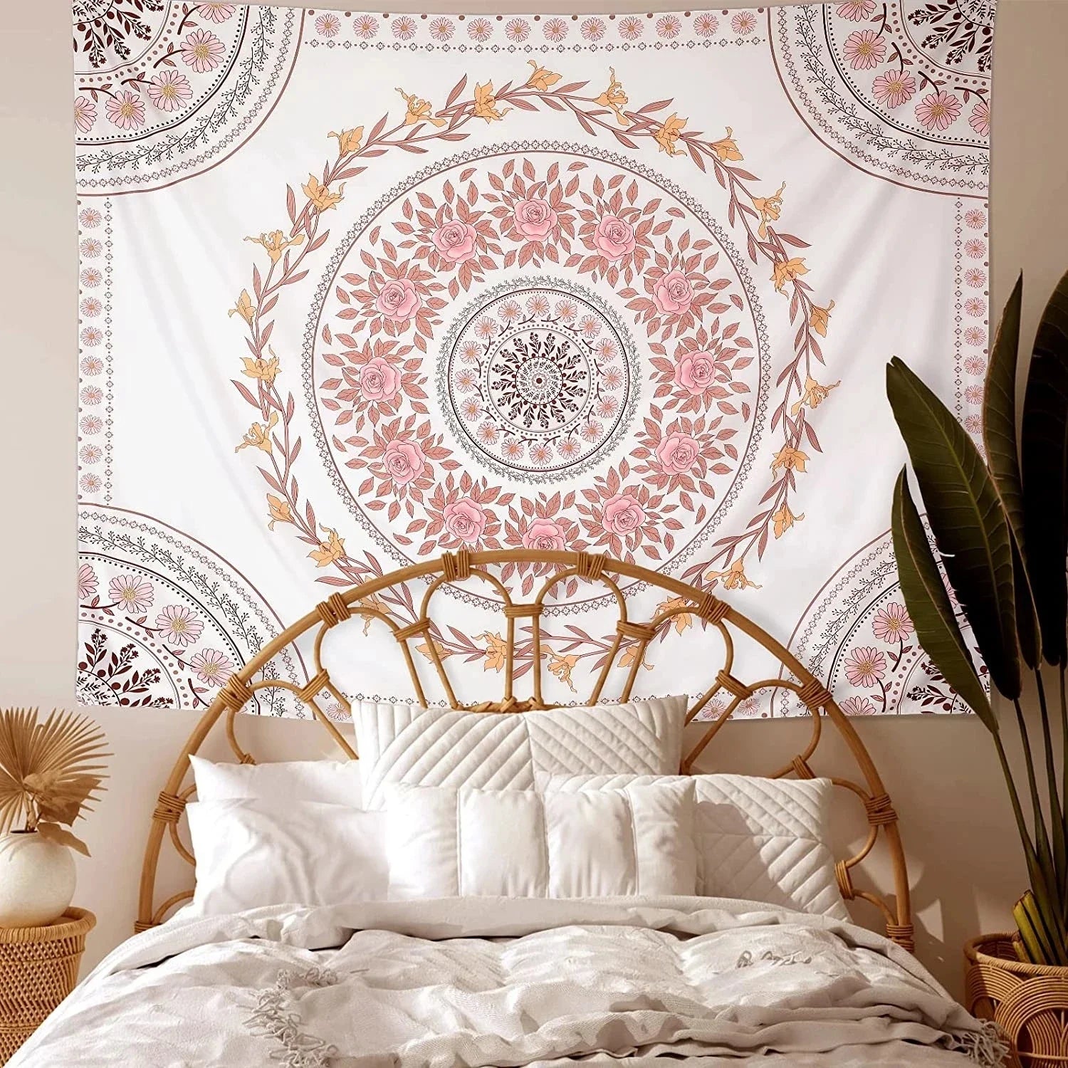 Mandala tapestry aesthetics, bohemian tapestry wall hanging, pink flower medal tapestry, bohemian wall art Hippie