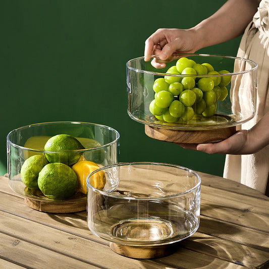 Fashionable Glass Fruit Bowl with Wooden Base for Snacks